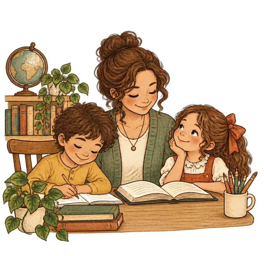 A mother homeschooling two children together at a table