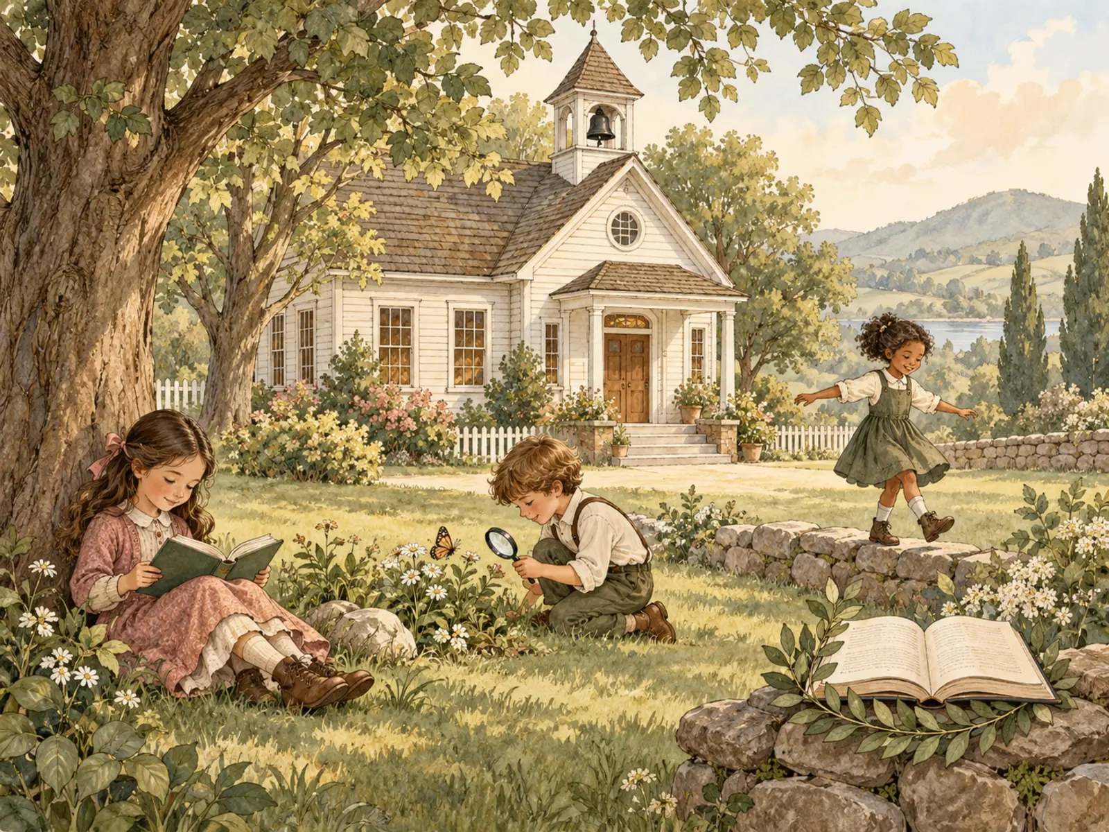 Children reading, exploring, and playing beside a welcoming schoolhouse